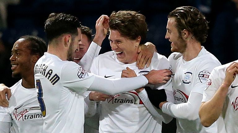 Preston North End's Adam Reach (centre) celebrates scoring his teams first goal against Birmingham City, during the Sky Bet Championship match at Deepdale,