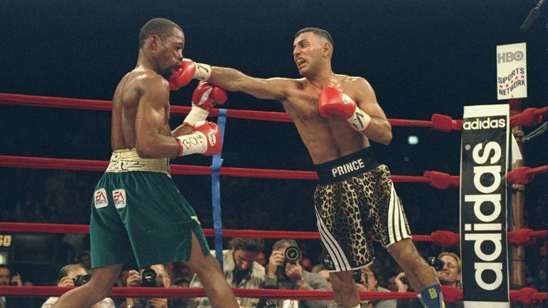Prince Naseem Hamed lands a punch to Kevin Kelley during a fight at Madison Square Garden in New York City.