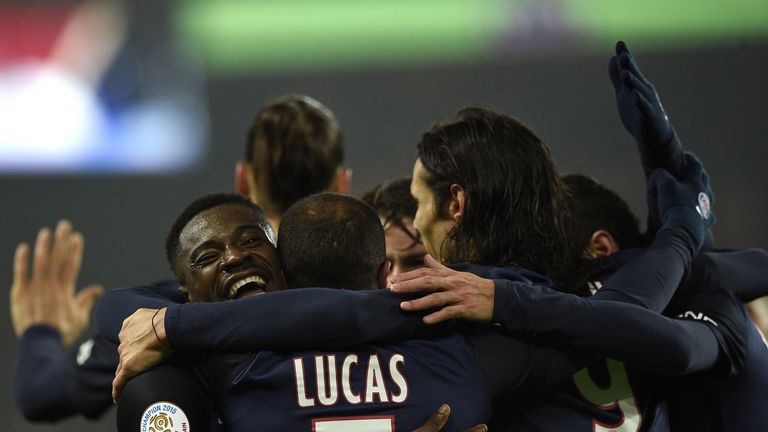 Lucas Moura (c) celebrates scoring PSG's fifth