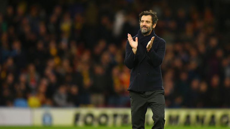 WATFORD, ENGLAND - DECEMBER 20:  Quique Flores manager of Watford celebrates victory