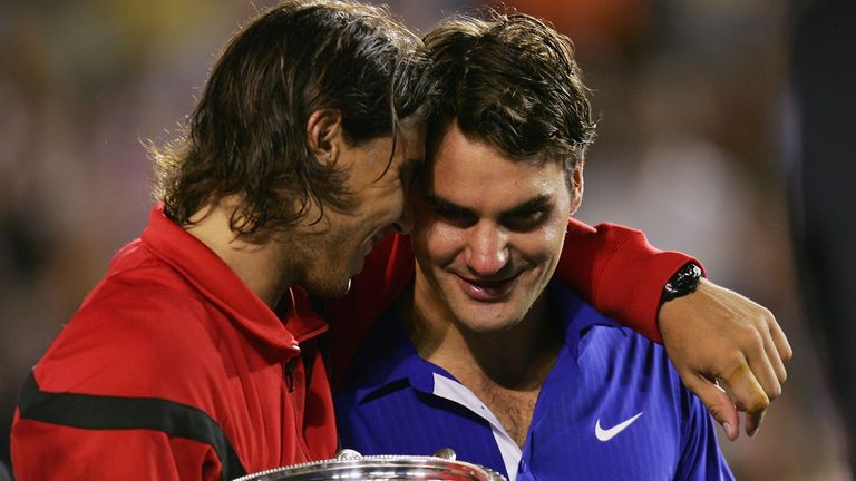 Rafael Nadal consoles Roger Federer after their 2009 Australian Open final