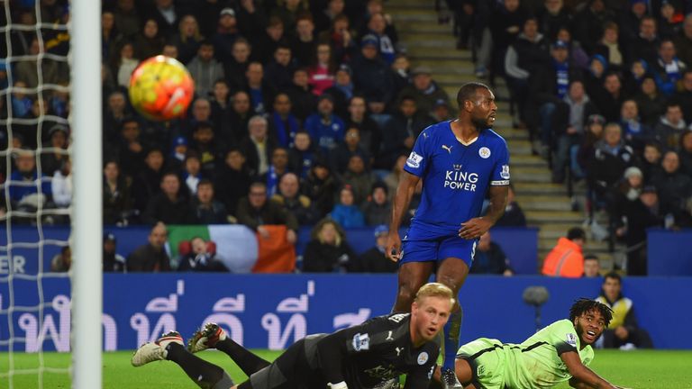 Kasper Schmeichel is called in to action to deny Raheem Sterling