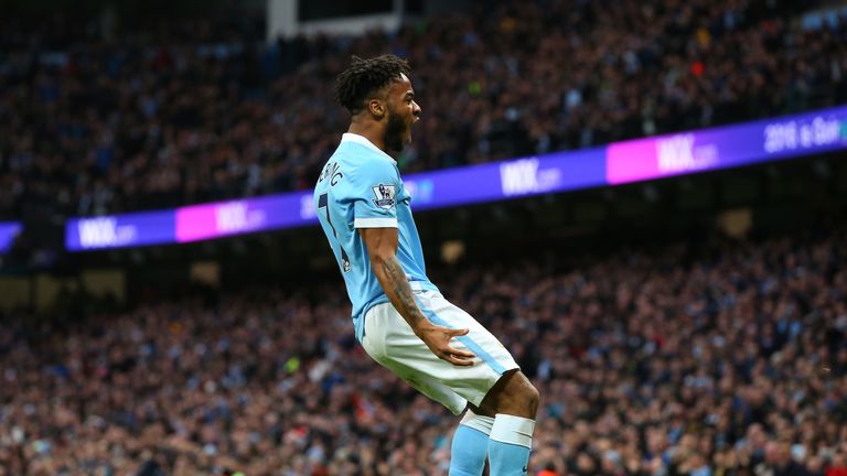 Raheem Sterling of Manchester City celebrates after scoring the opening goal