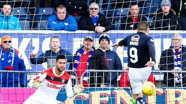 Falkirk's John Baird scores his side's opening goal from the penalty spot against Rangers