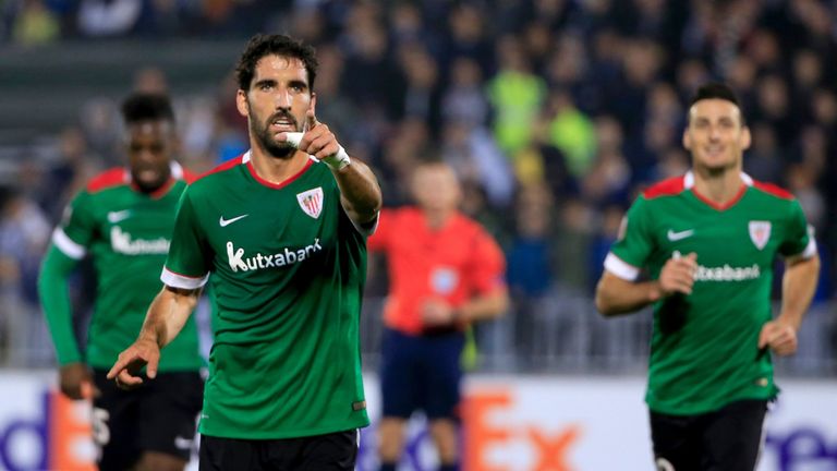 Raul Garcia celebrates his goal during the UEFA Europa League Group L football match between Partizan and Athletic Bilbao on October 22, 2015