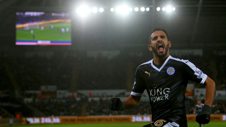 Leicester City's Riyad Mahrez celebrates after scoring his third goal during the match against Swansea City
