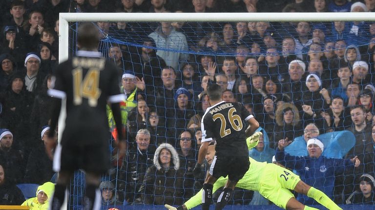 Riyad Mahrez of Leicester City converts the penalty to put his team ahead against Everton