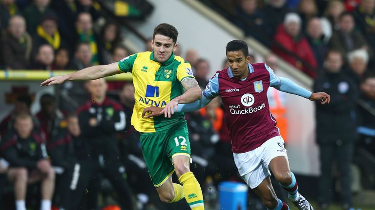 Robbie Brady of Norwich and Aston Villa's Scott Sinclair compete for the ball