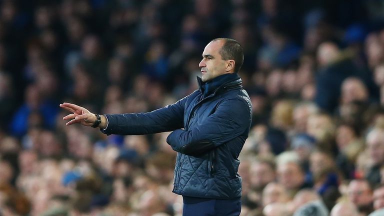 Roberto Martinez gestures during the Barclays Premier League match between Everton and Stoke City