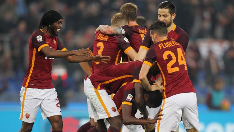 Umar Sadiq celebrates his Roma goal