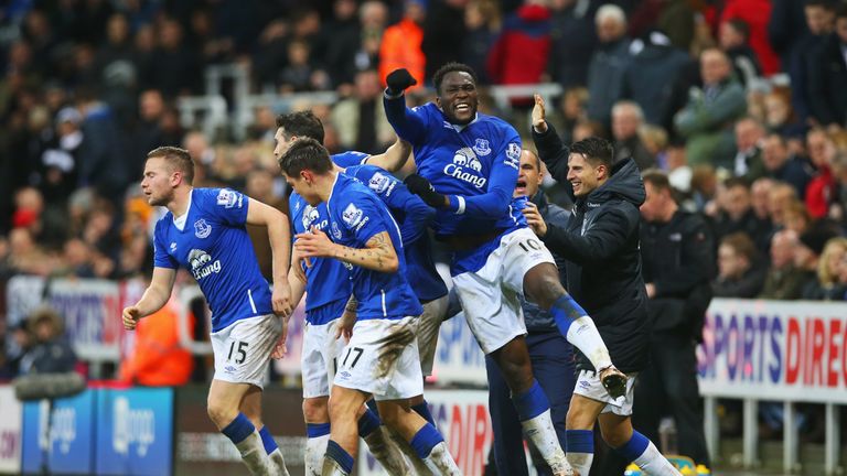 Romelu Lukaku celebrates Tom Cleverley's late winner at Newcastle