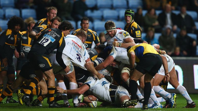 Exeter Chiefs lock Mitch Lees scores a try against Wasps