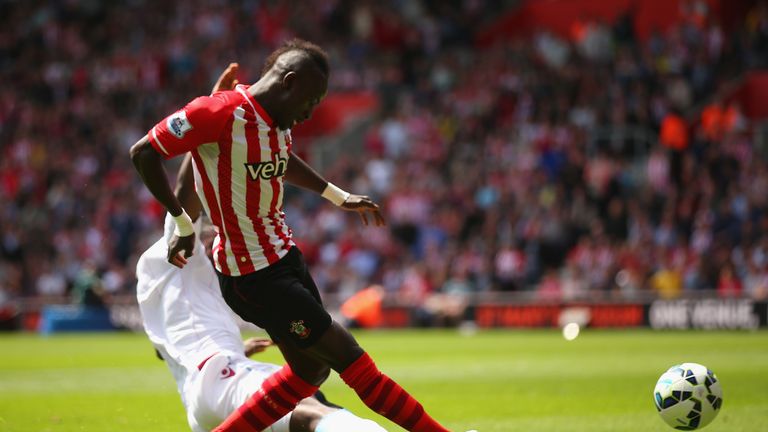 Sadio Mane scores his second goal for Southampton against Aston Villa at St Mary's Stadium on May 16, 2015