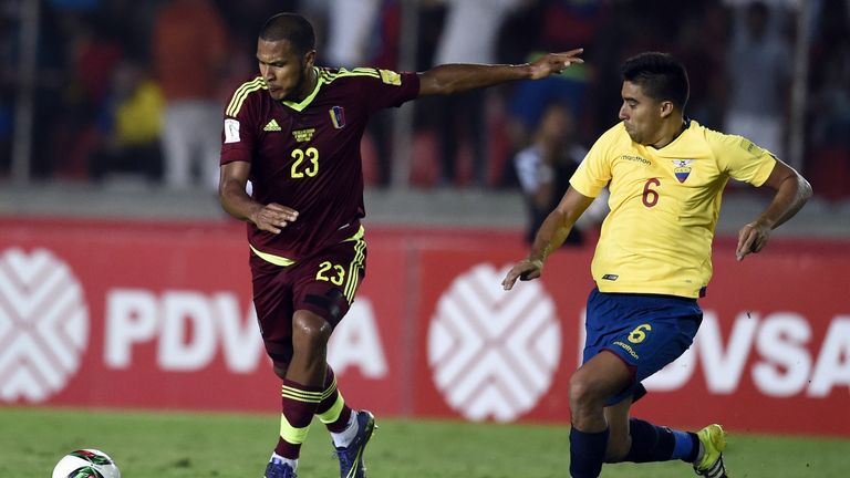 Salomon Rondon (left) in action for Venezuela against Ecuador 