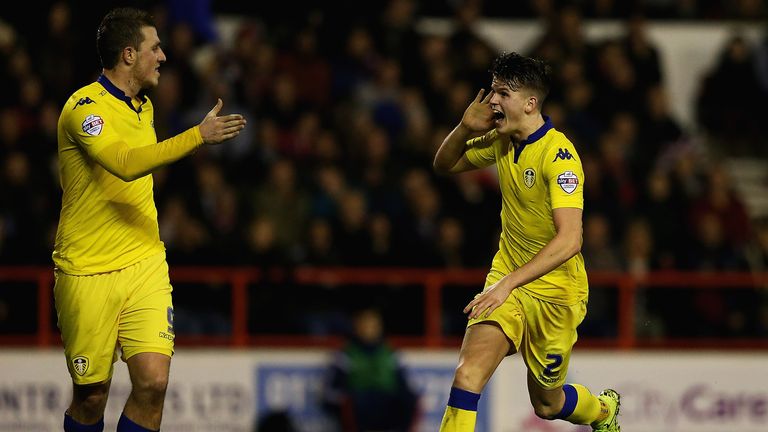 Sam Byram of Leeds United celebrates his goal 