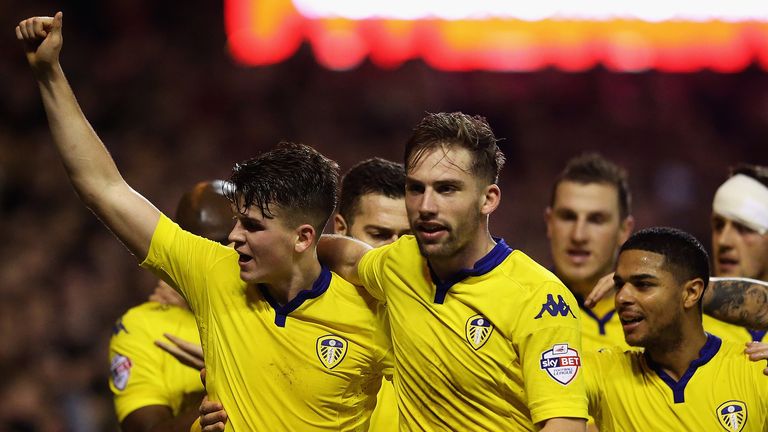 Sam Byram of Leeds United celebrates his goal 