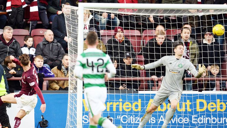 Sam Nicholson levels for Hearts in first half stoppage-time