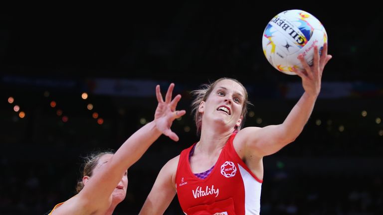 Sara Bayman of England stretches to catch the ball during the 2015 Netball World Cup match between England and South Africa at Allphones Arena 