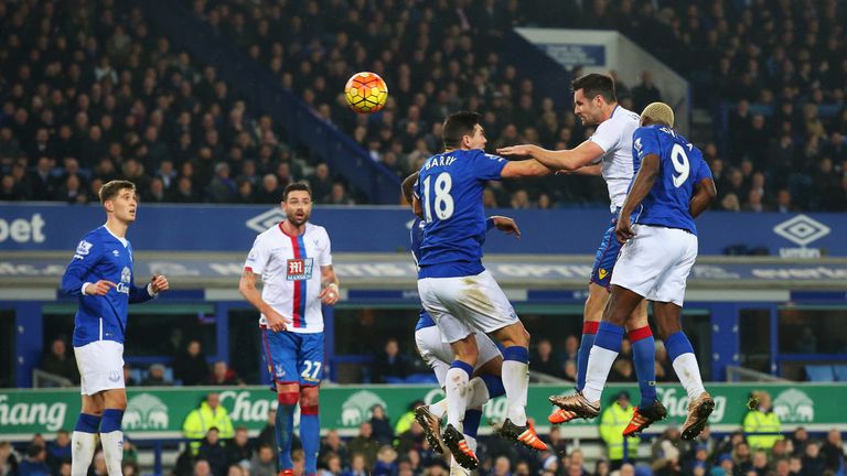 Scott Dann of Crystal Palace scores the opening goal against Everton