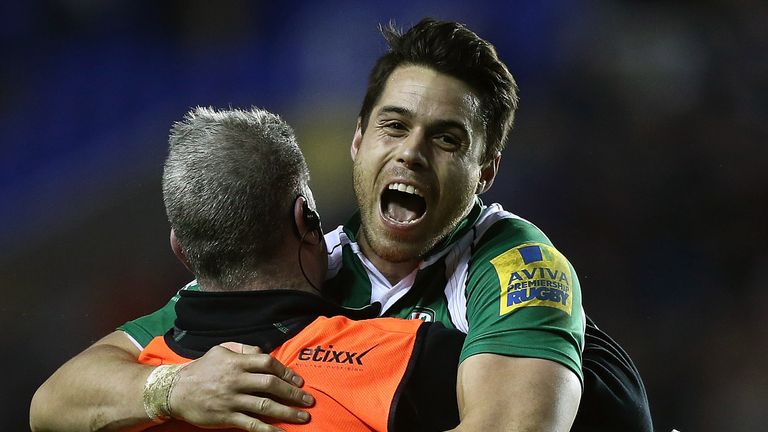 Sean Maitland of London Irish celebrates his team's win in the Aviva Premiership against Northampton