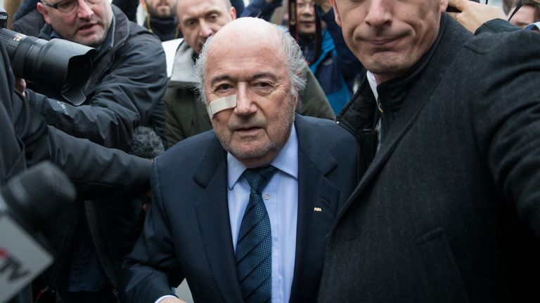 FIFA president Sepp Blatter arrives for a Zurich press conference as reaction to his banishment for eight years by the FIFA Ethics Committee