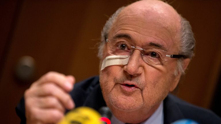 FIFA president Sepp Blatter attends a press conference as reaction to his banishment for eight years from football