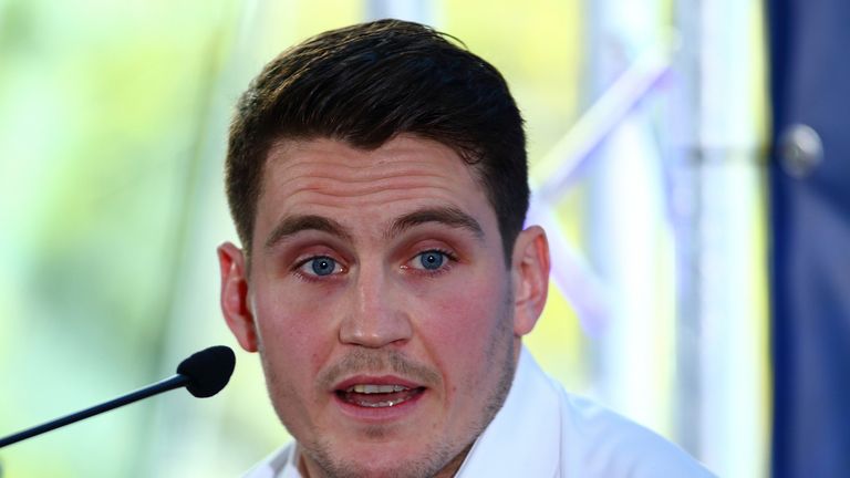 LONDON, ENGLAND - NOVEMBER 16:  Trainer Shane McGuigan talks during the Carl Frampton and Scott Quigg Press Conference at the Park Plaza Riverbank