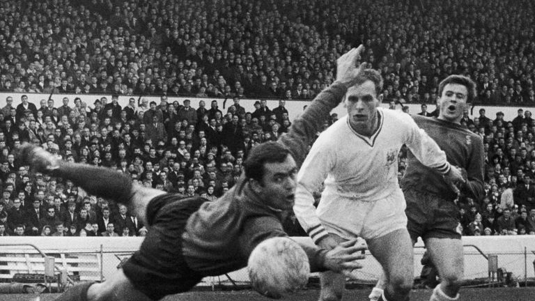 Sheffield United keeper Alan Hodgkinson (left) makes a save during an FA Cup match against Chelsea in 1967