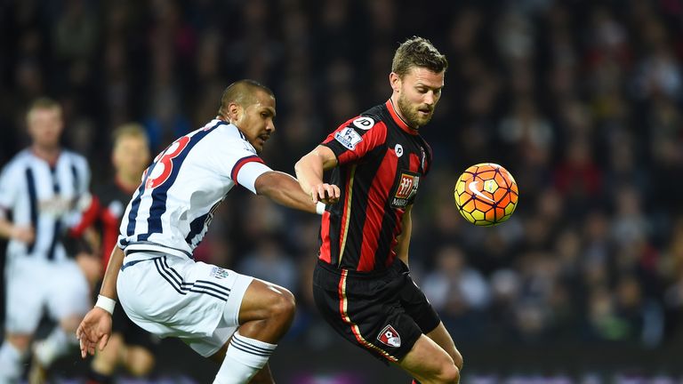 Simon Francis of Bournemouth and Salomon Rondon of West Brom vie for possession