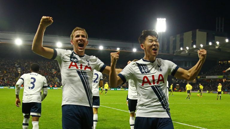 Son Heung-min (R) celebrates scoring Tottenham's second goal against Watford with his team mate Harry Kane (L)