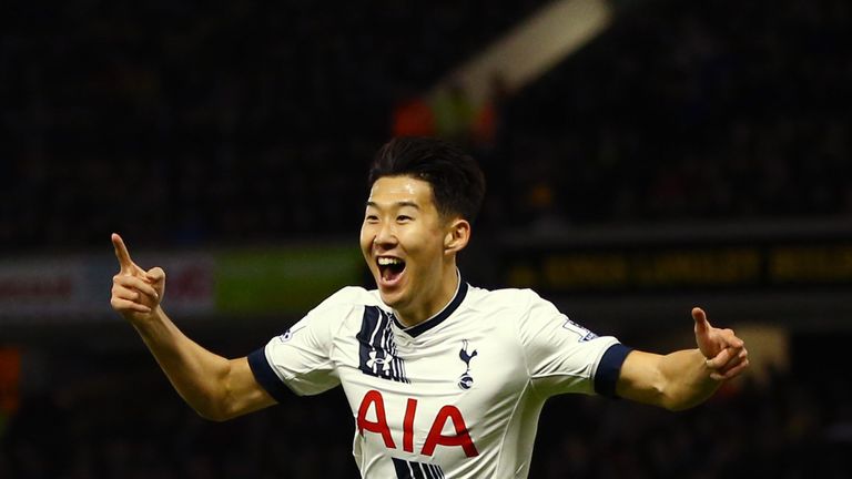 Tottenham's Son Heung-min celebrates scoring his team's second goal during the Barclays Premier League match against Watford