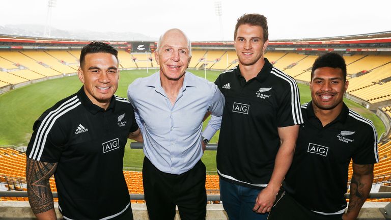 L to R, Sonny Bill Williams, coach Sir Gordon Tietjens, newly appointed 7s captain Scott Curry and Ardie Savea 