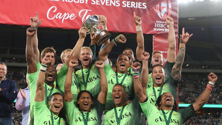 South Africa celebrate with the trophy during day 2 of the HSBC Cape Town Sevens in the final game between South Africa and Argentina