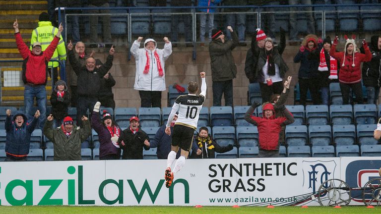 Niall McGinn celebrates his opening goal for Aberdeen at Dens Park