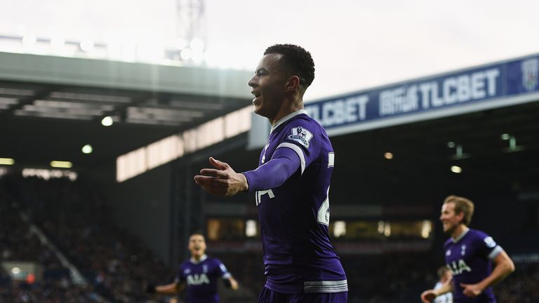 Dele Ali celebrates scoring Tottenham's first goal during the Barclays Premier League match against West Bromwich Albion