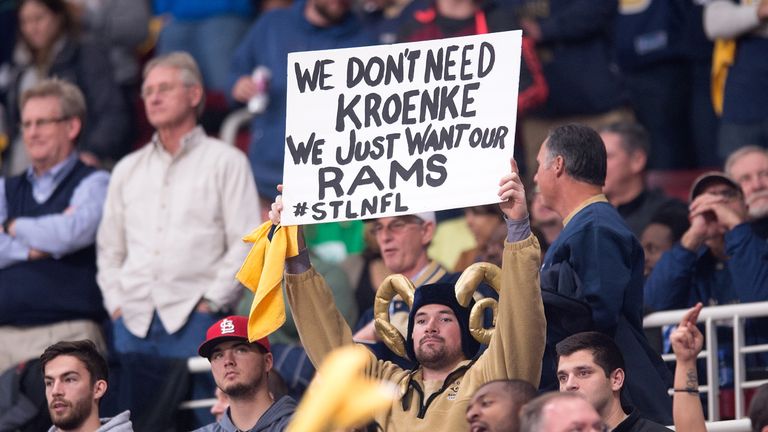 A fan displays a sign in support of keeping the Rams in St. Louis