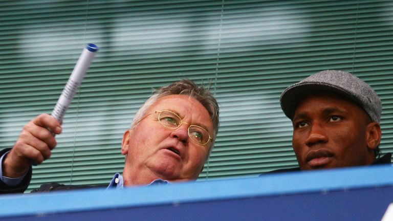 Chelsea interim manager Guus Hiddink (left) and Didier Drogba at Stamford Bridge