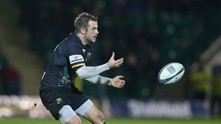 NORTHAMPTON, ENGLAND - DECEMBER 18: Stephen Myler of Northampton passes the ball during the European Rugby Champions Cup match between Northampton Saints a