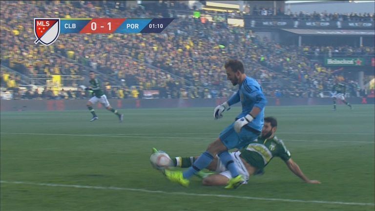 Diego Valeri scores the opener in the MLS Cup Finla after Steve Clark's howler