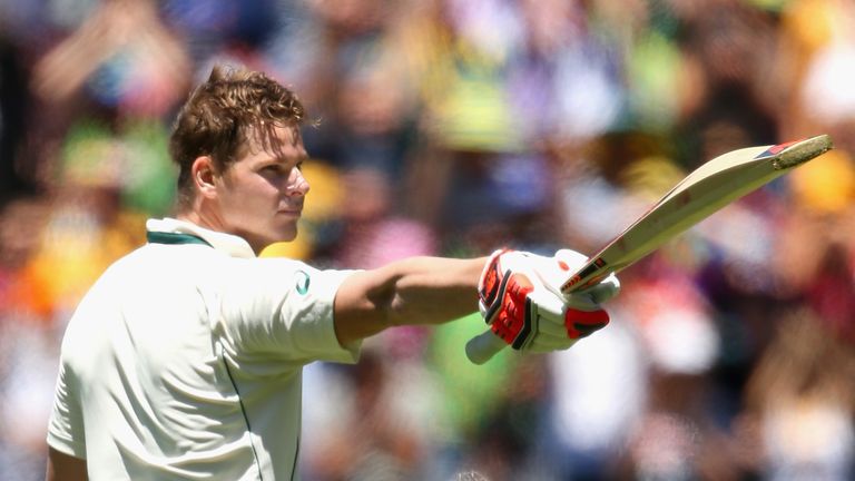 Australia captain Steve Smith celebrates making a century  during day two of the second Test against the West Indies at Melbourne