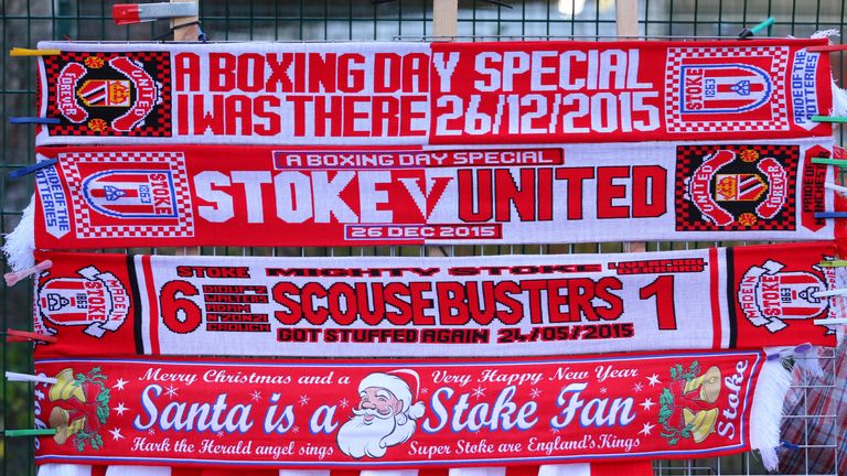 Scarves on sale outside the ground prior to the Barclays Premier League match between Stoke City and Manchester United