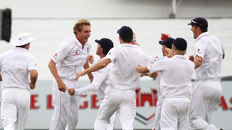 Stuart Broad celebrates the wicket of JP Duminy in the Durban Test of 2009