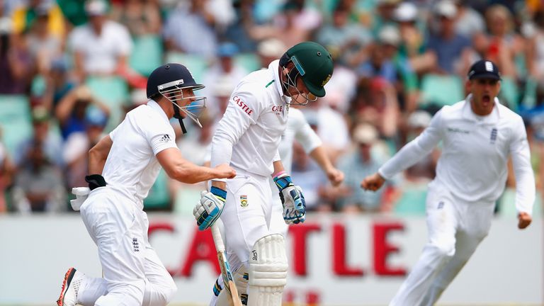 Stuart Broad of England (out of frame) celebrates after bowling out Stiaan van Zyl of South Africa during day two of the first Test