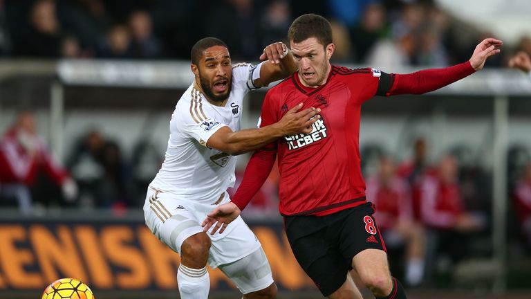 Craig Gardner and Ashley Williams compete for the ball