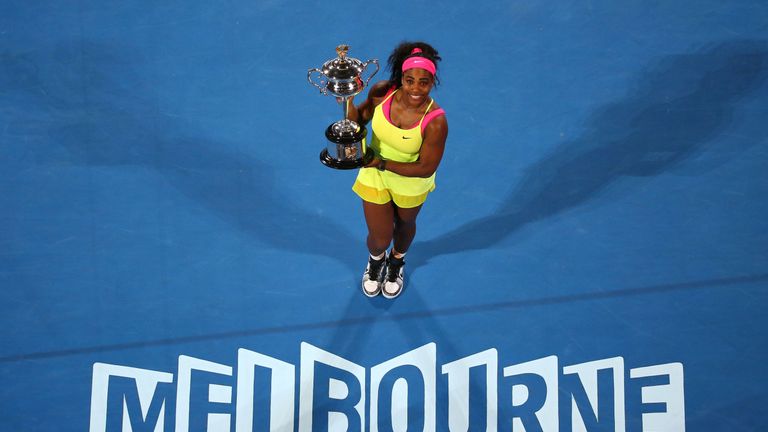 Serena Williams holds the Daphne Akhurst Memorial Cup in Melbourne, Australia 2015