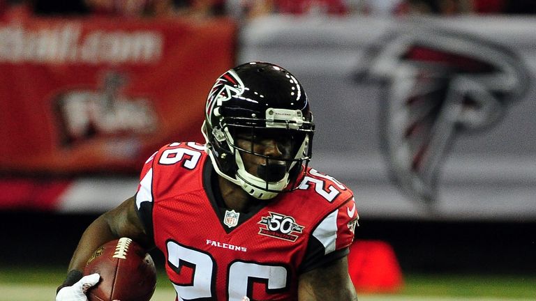 ATLANTA, GA - NOVEMBER 01:  Tevin Coleman #26 of the Atlanta Falcons runs the ball during the first half against the Tampa Bay Buccaneers at the Georgia Do