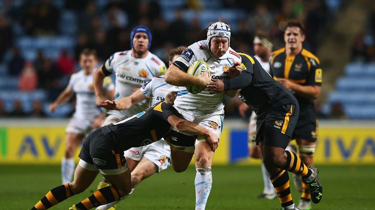  Thomas Waldrom scored a hat-trick in Exeter's 41-27 win at Wasps on December 5