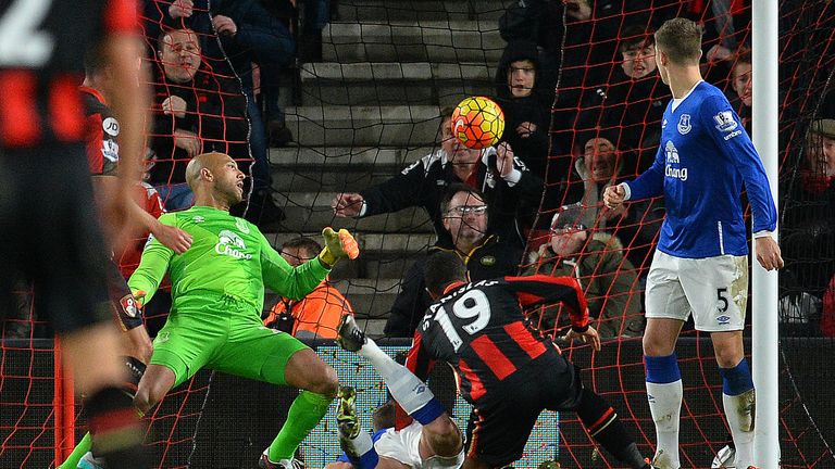 Tim Howard watches as Junior Stanislas scores during the Premier League football match between Bournemouth and Everton at the Vitality Stadium