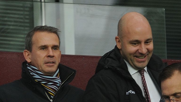 Aston Villa CEO Tom Fox (L) and Aston Villa Sporting Director Hendrik Almstadt (R) before the Barclays Premier League match between Aston Villa and Arsenal