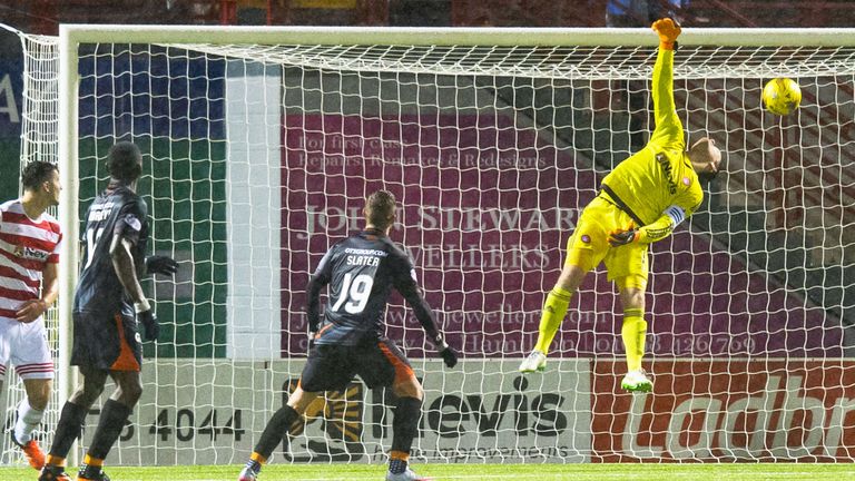 Tope Obadeyi (16) scores for Kilmarnock at Hamilton